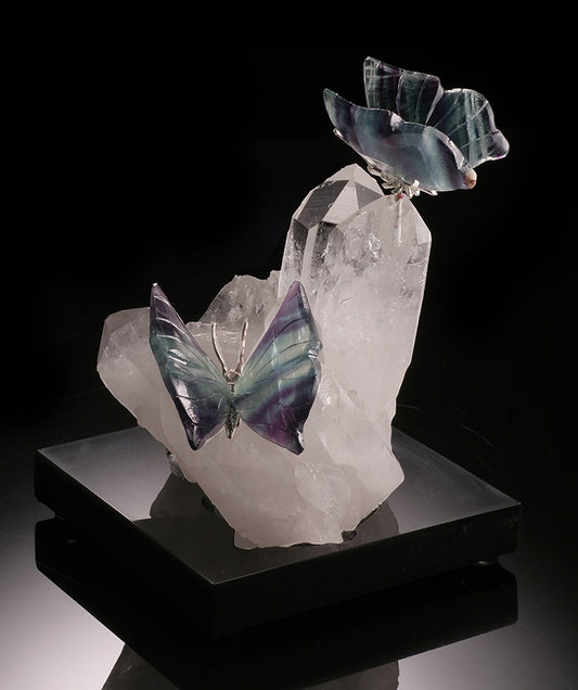 Fluorite Butterflies on Quartz Crystal Base