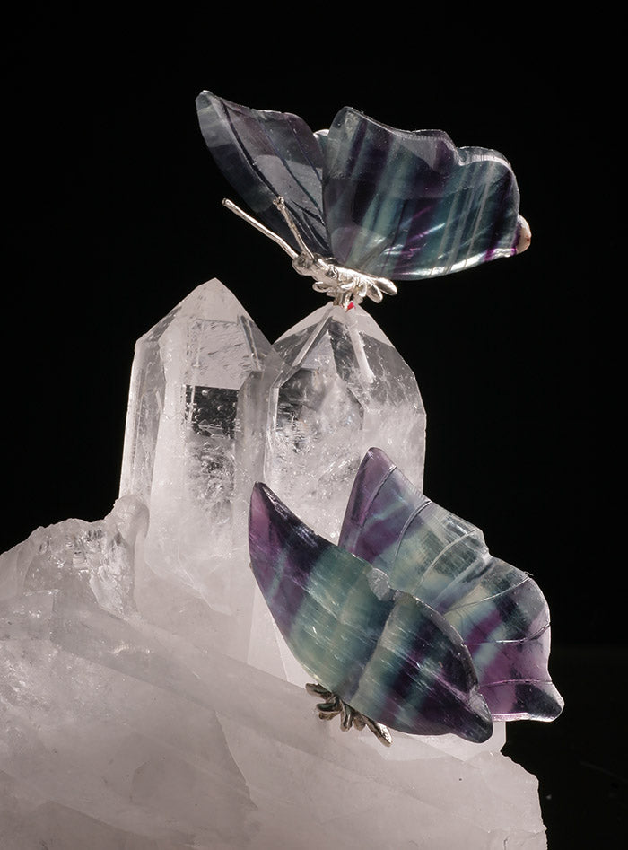 Fluorite Butterflies on Quartz Crystal Base