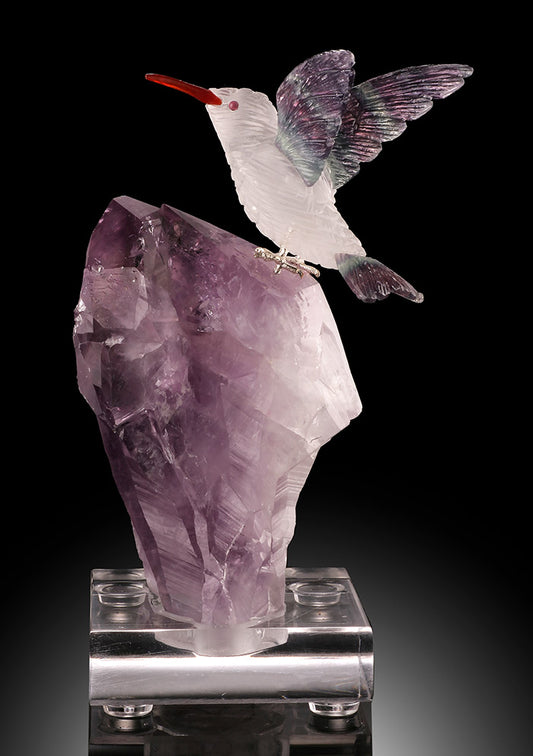 Quartz/Fluorite Hummingbird on Amethyst