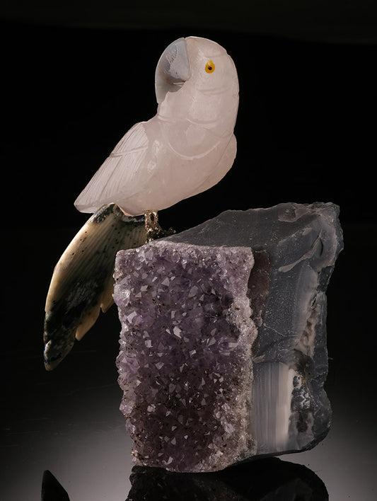 Rose Quartz Parrot Carving on Amethyst