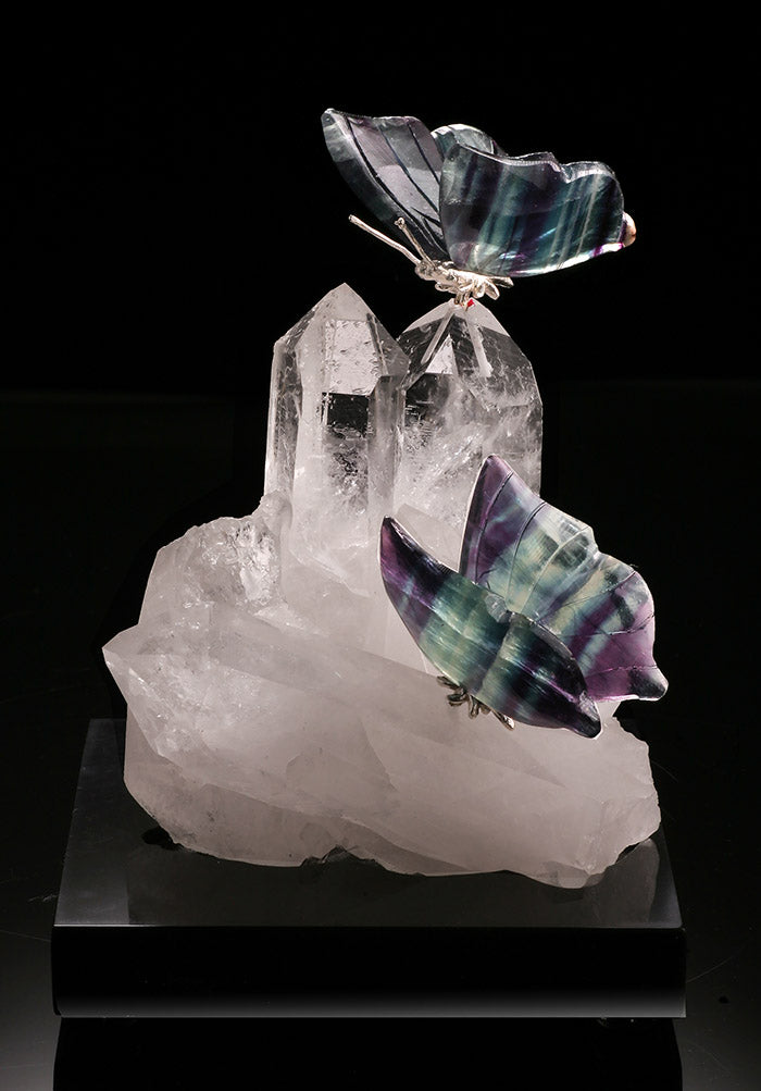 Fluorite Butterflies on Quartz Crystal Base