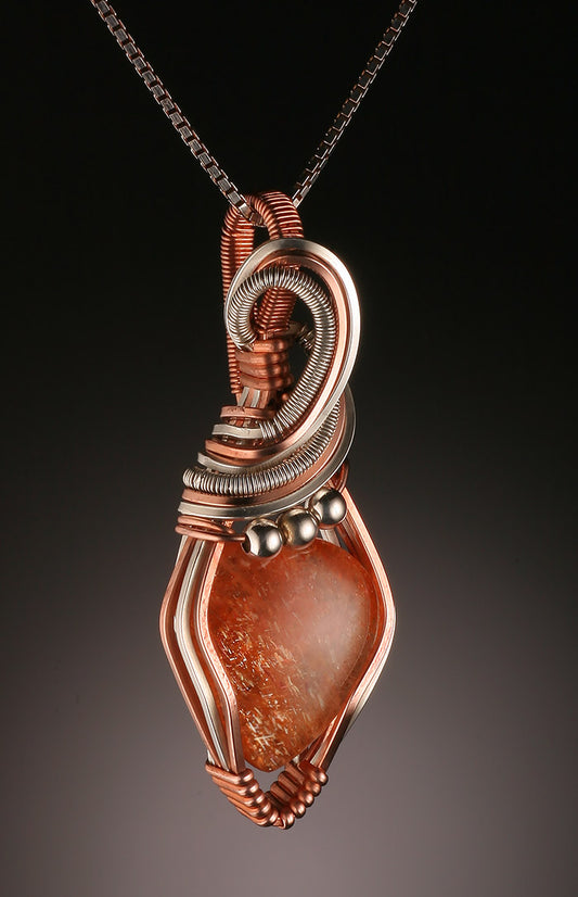 Sunstone, Copper & Silver Wire Wrap (with chain)