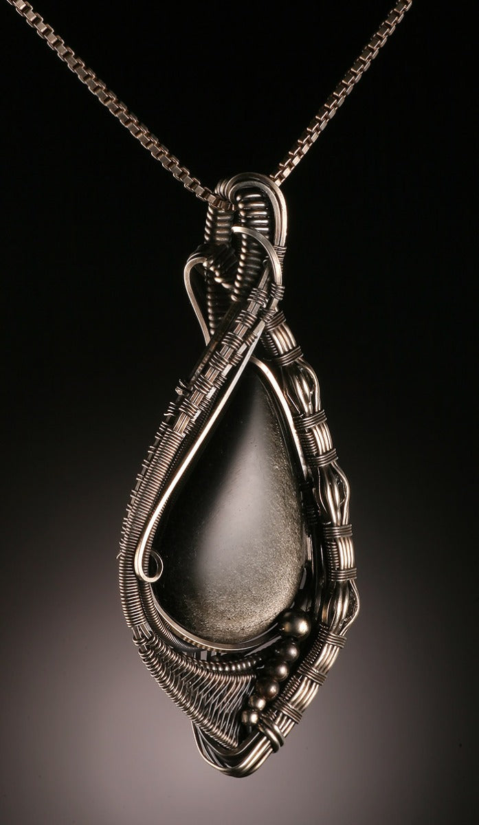 Silver Sheen Obsidian & Herkimer Diamond Wire Wrap (with chain)