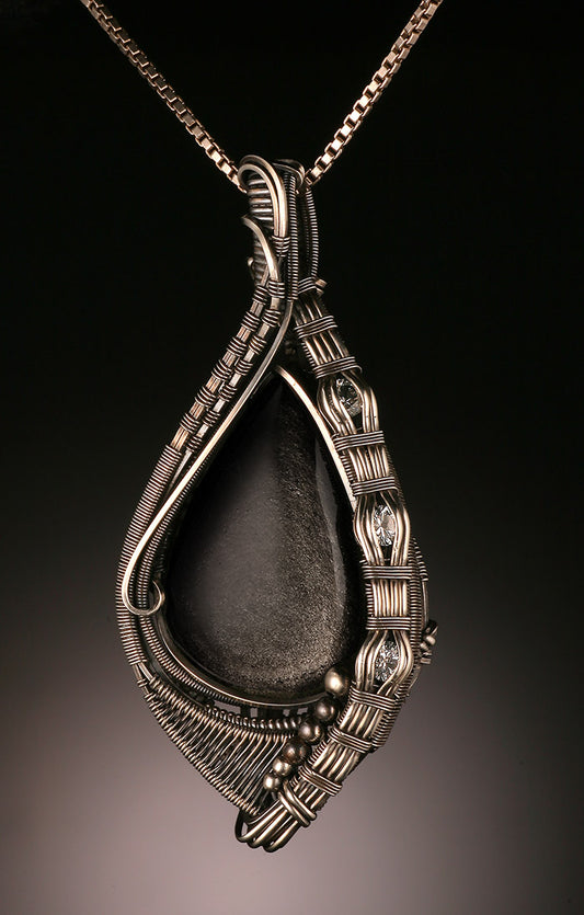 Silver Sheen Obsidian & Herkimer Diamond Wire Wrap (with chain)