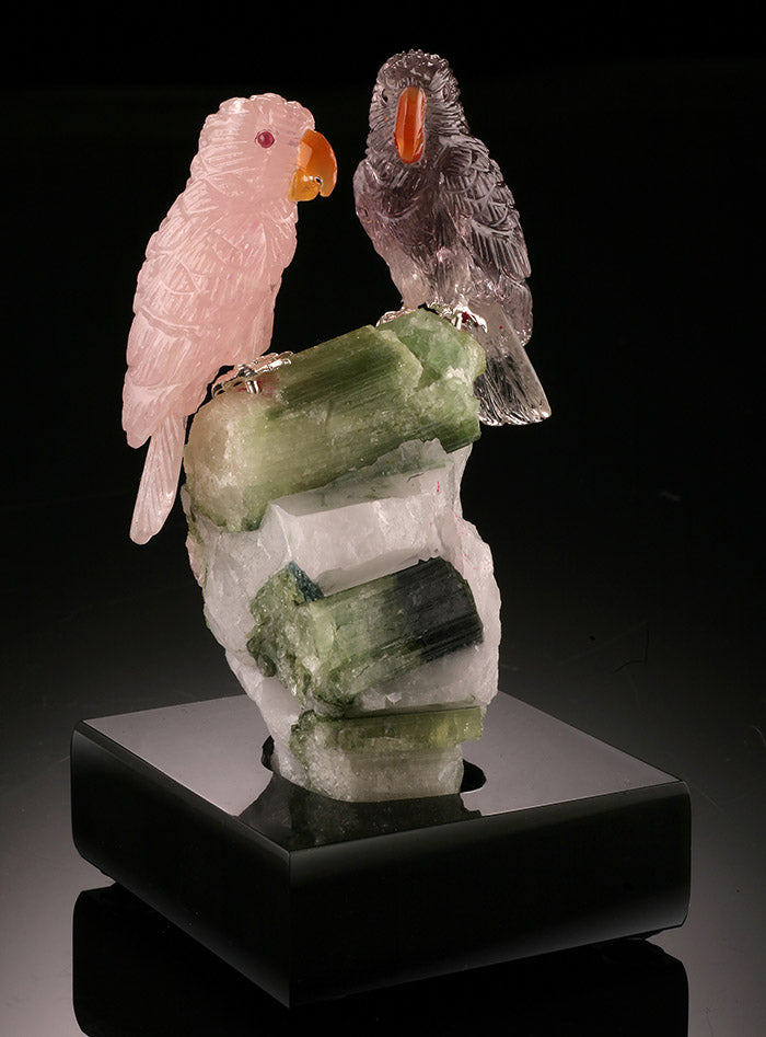 Two Parakeets "Lovebirds" Gemstone Carving