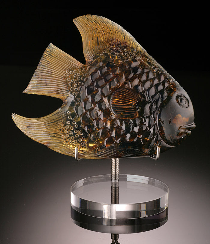 Tri-Colored Amber Fish Carving (w/ stand)