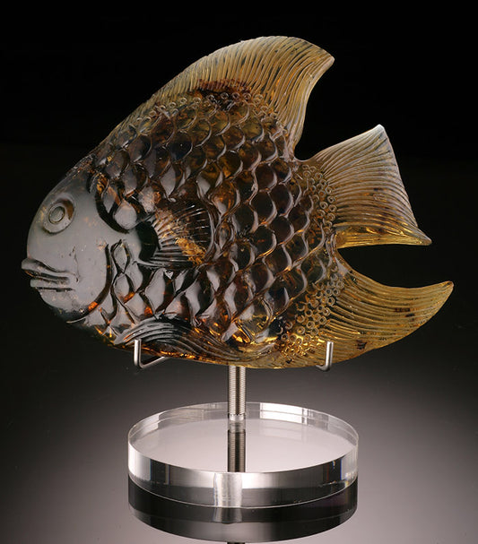 Tri-Colored Amber Fish Carving (w/ stand)