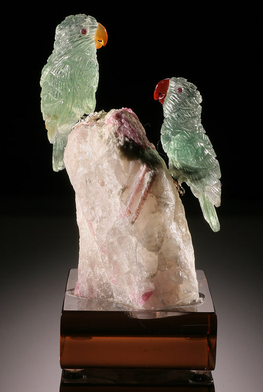 Fluorite Parrots on Pink Tourmaline in Quartz Base