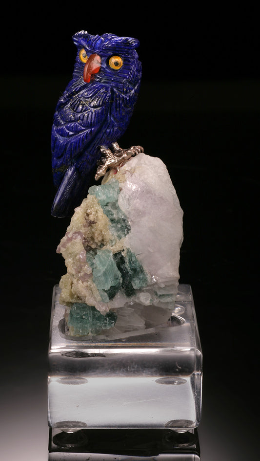 Lapis Owl on Tourmaline/Quartz Base