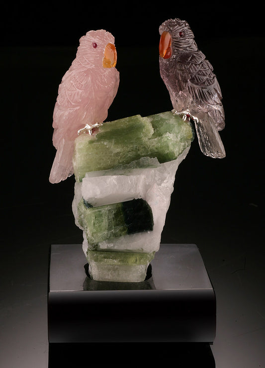 Two Parakeets "Lovebirds" Gemstone Carving