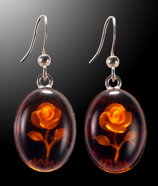Amber Earrings with Engraved Roses